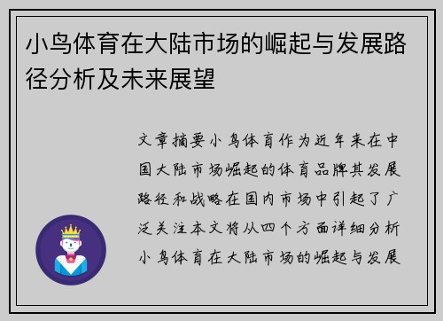 小鸟体育在大陆市场的崛起与发展路径分析及未来展望