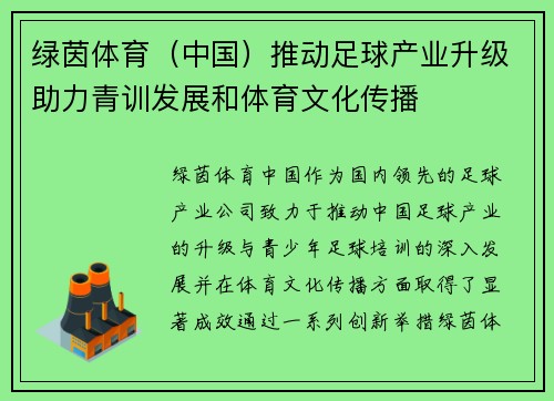 绿茵体育（中国）推动足球产业升级助力青训发展和体育文化传播